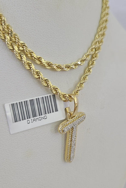 10k 3mm Rope Solid Chain T Diamond Pendant Alphabet 18" - 28" Gold Charm Necklace - GoldenlinQ