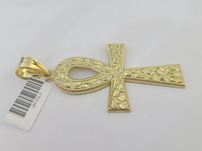 10k Ankh Cross Pendant Jesus Cross Nugget Style Yellow Gold Charm Real Genuine - GoldenlinQ