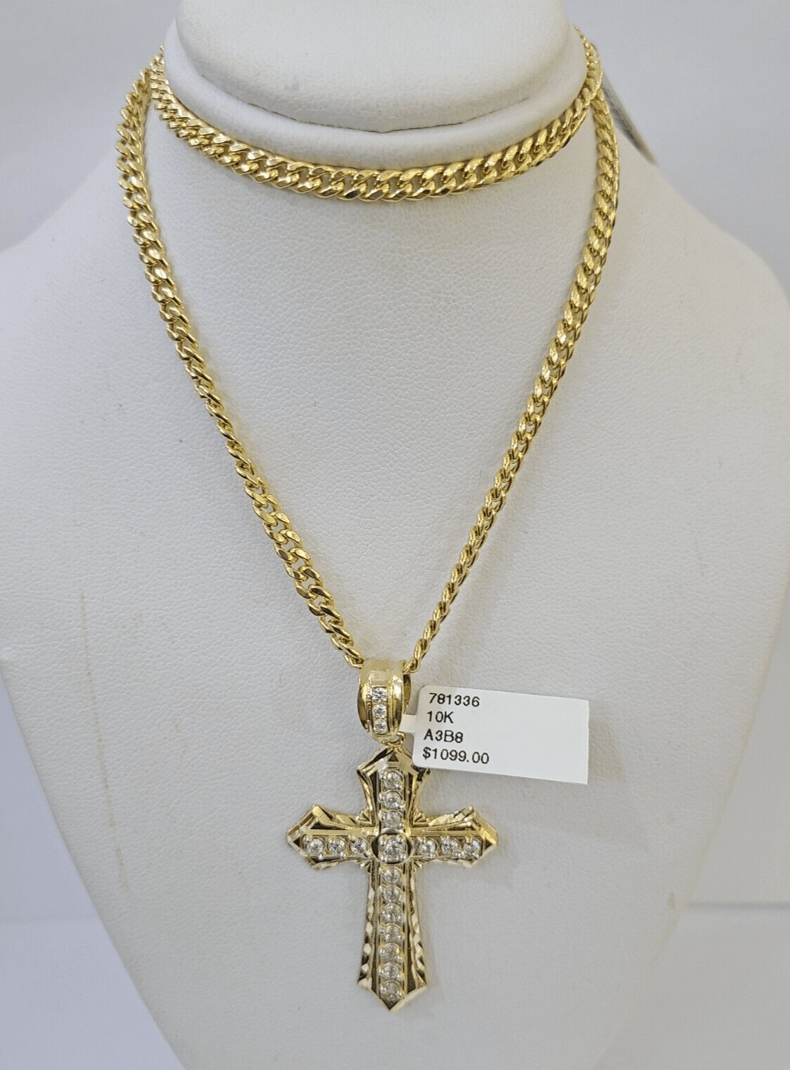 10k Cross Charm Miami Cuban Chain 4mm 22 inch SET Yellow Gold - Reva Jeweler
