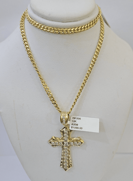 10k Cross Charm Miami Cuban Chain 4mm 22 inch SET Yellow Gold - Reva Jeweler