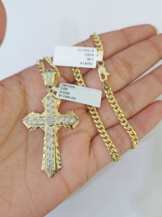 10k Cross Charm Miami Cuban Chain 4mm 22 inch SET Yellow Gold - Reva Jeweler
