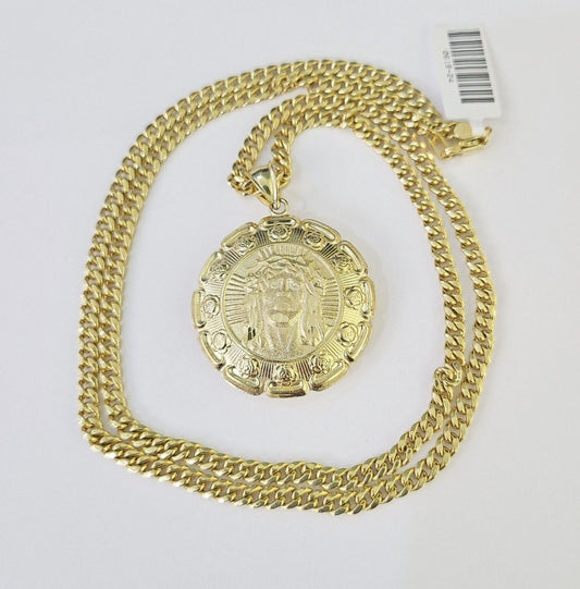 10k Cuban Chain Jesus Virgin Mary Charm Two - Sided Set 4mm 18" - 28" Necklace Gold - GoldenlinQ