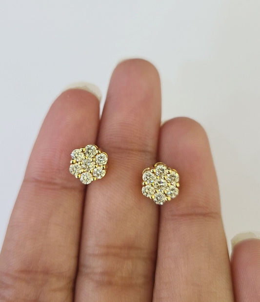 10k Diamond Flower Earrings Yellow gold Real screw - back Women Men Studs - GoldenlinQ