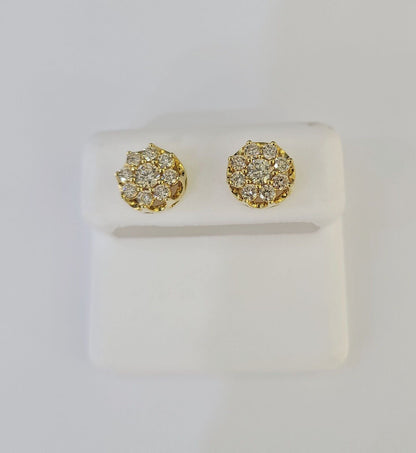 10k Diamond Flower Earrings Yellow gold Real screw - back Women Men Studs - GoldenlinQ