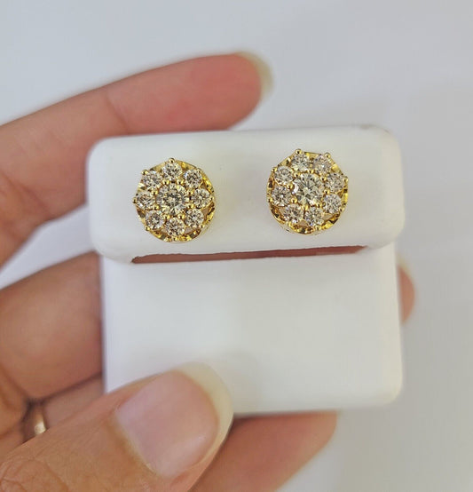 10k Diamond Flower Earrings Yellow gold Real screw - back Women Men Studs - GoldenlinQ