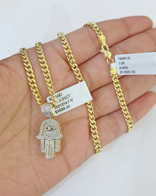 10k Diamond Hamsa Charm Miami Cuban Chain 4mm 22 inch SET Yellow Gold - Reva Jeweler