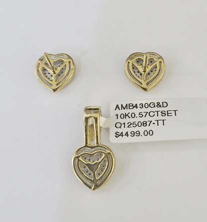 10k Diamond Heart Earrings Pendant Charm SET Yellow Gold - GoldenlinQ