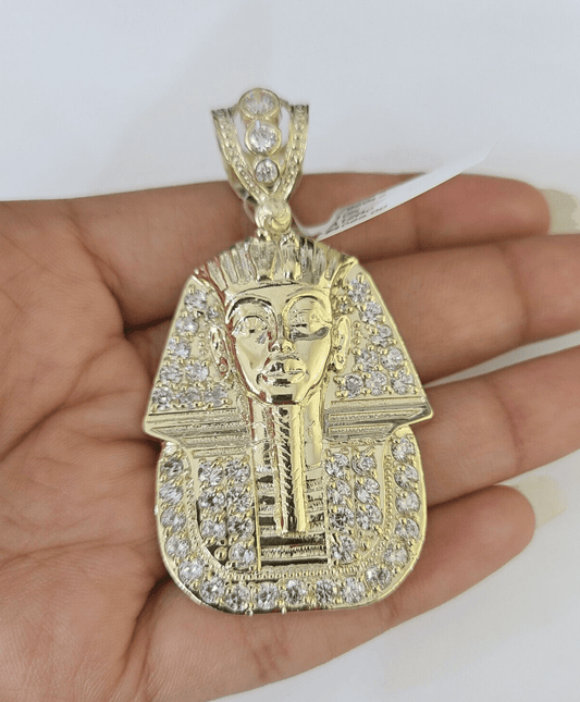 10k Egyptian Pharaoh Head Charm Pendant Yellow Gold 2.5" Inch Men Women Real - GoldenlinQ