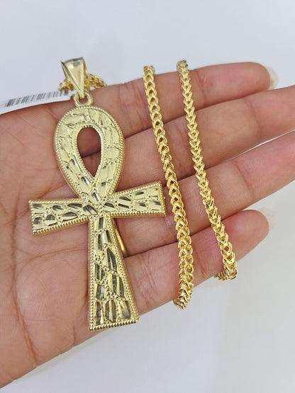 10K Franco Chain Ankh Cross Pendant Charm Necklace 20" - 26" 3mm Gold - GoldenlinQ