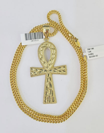 10K Franco Chain Ankh Cross Pendant Charm Necklace 20" - 26" 3mm Gold - GoldenlinQ