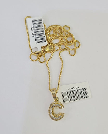 10K Franco Chain Diamond C Pendant Initial Necklace 16" - 22" 0.5mm Ladies Women - GoldenlinQ