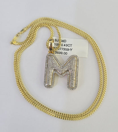 10K Franco Chain Diamond M Pendant Initial Charm Letter Necklace 18" - 24" 1.5mm - GoldenlinQ