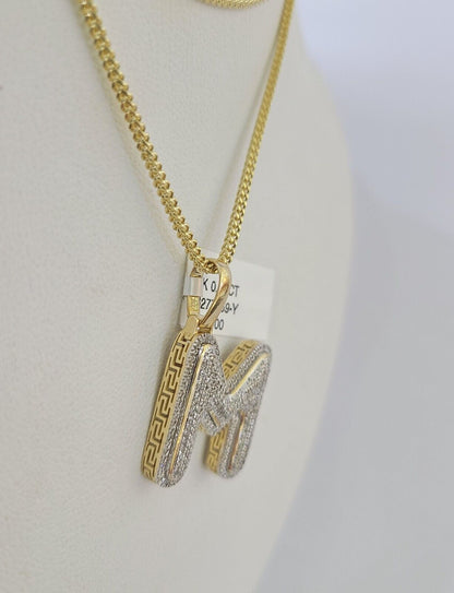10K Franco Chain Diamond M Pendant Initial Charm Letter Necklace 18" - 24" 1.5mm - GoldenlinQ