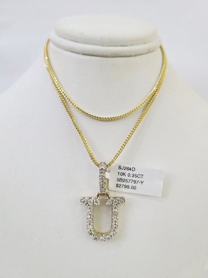 10K Franco Chain Diamond U Pendant Initial Charm Letter Necklace 18" - 24" 1.5mm - GoldenlinQ