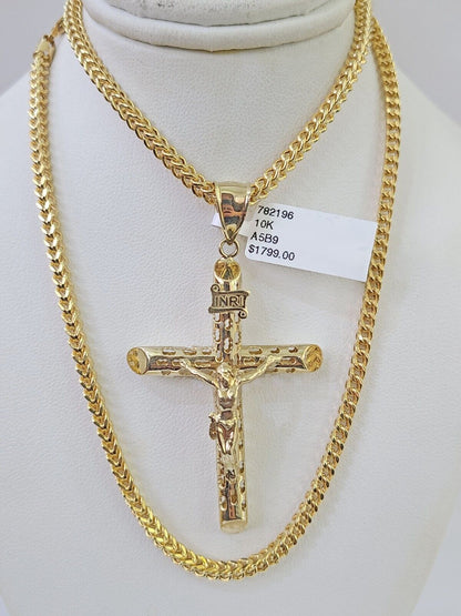 10K Franco Chain INRI Jesus Cross Pendant Charm Necklace 20" - 26" 3mm Gold - GoldenlinQ