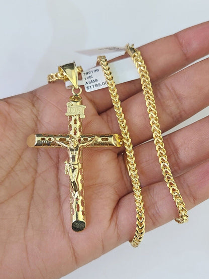 10K Franco Chain INRI Jesus Cross Pendant Charm Necklace 20" - 26" 3mm Gold - GoldenlinQ