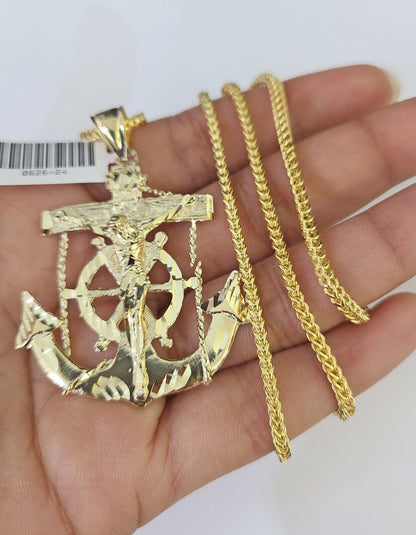 10K Franco Chain Jesus Anchor Pendant Charm Necklace 20" - 26" 2.5mm Yellow Gold - GoldenlinQ
