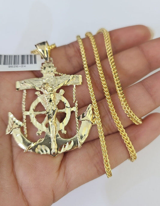 10K Franco Chain Jesus Anchor Pendant Charm Necklace 20" - 26" 2.5mm Yellow Gold - GoldenlinQ