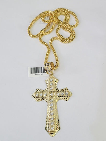 10K Franco Chain Jesus Cross Pendant Charm Necklace 20" - 26" 3mm Gold - GoldenlinQ