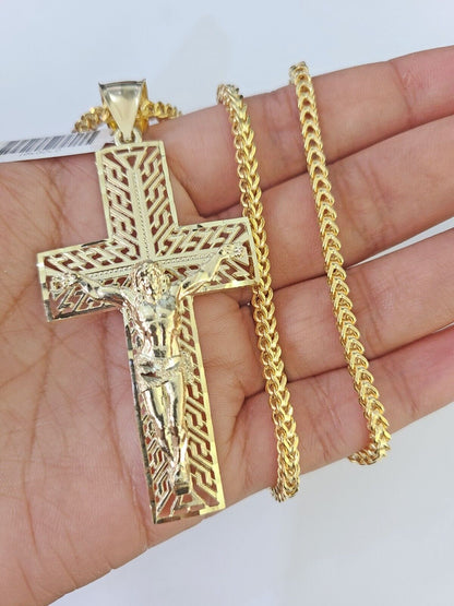 10K Franco Chain Jesus Crucifix Cross Pendant Charm Necklace 20" - 26" 3mm Gold - GoldenlinQ