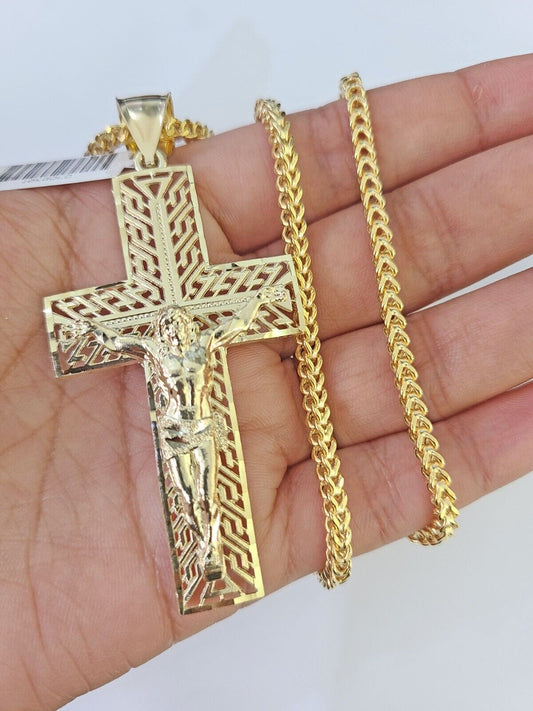 10K Franco Chain Jesus Crucifix Cross Pendant Charm Necklace 20" - 26" 3mm Gold - GoldenlinQ