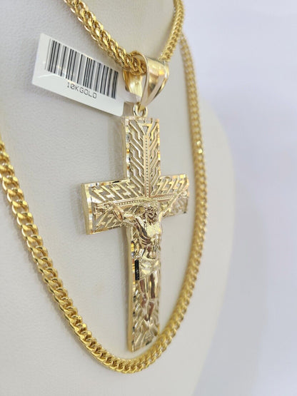 10K Franco Chain Jesus Crucifix Cross Pendant Charm Necklace 20" - 26" 3mm Gold - GoldenlinQ