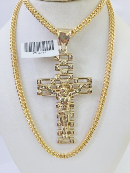 10K Franco Chain Jesus Crucifix Cross Pendant Charm Necklace 20" - 26" 3mm Gold - GoldenlinQ