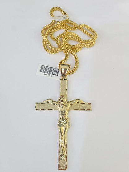 10K Franco Chain Jesus Crucifix Cross Pendant Charm Necklace 20" - 26" 3mm Gold - GoldenlinQ