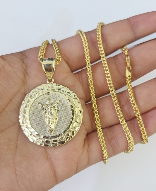 10K Franco Chain Jesus Pendant Charm Necklace 20" - 26" 2.5mm Yellow Gold - GoldenlinQ