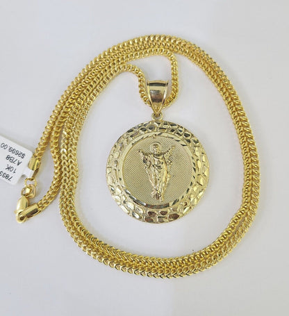 10K Franco Chain Jesus Pendant Charm Necklace 20" - 26" 2.5mm Yellow Gold - GoldenlinQ