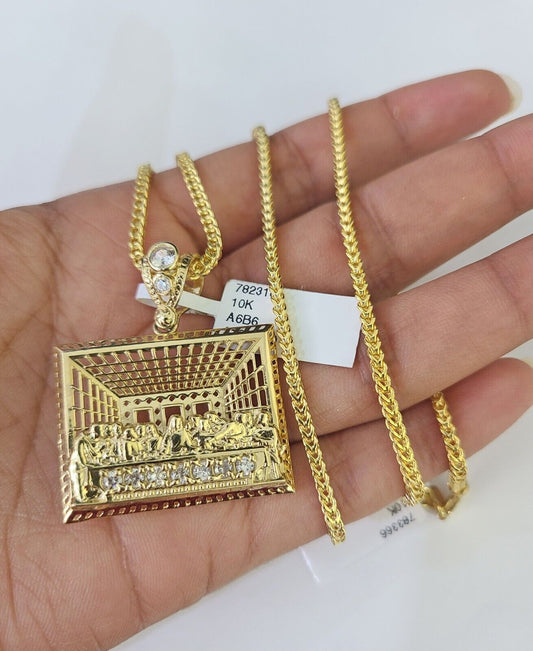 10K Franco Chain Last supper Pendant Charm Necklace 20" - 26" 2.5mm Yellow Gold - GoldenlinQ