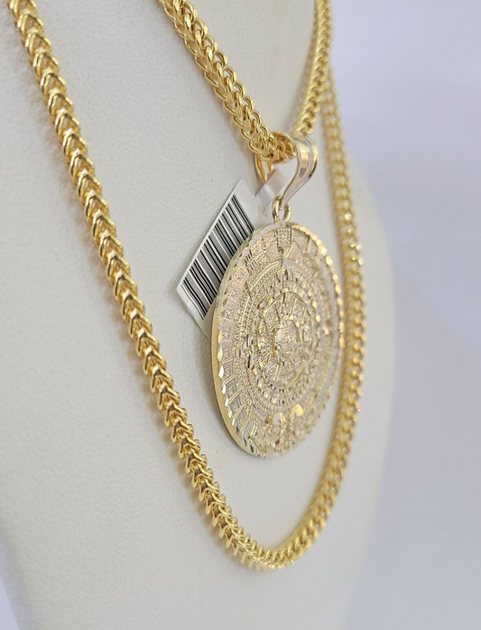 10K Franco Chain Mayan Calendar Pendant Charm Necklace 20" - 26" 3mm Gold Yellow - GoldenlinQ