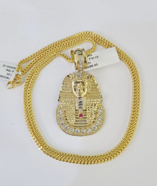 10K Franco Chain Pharaoh Head Pendant Charm Necklace 20" - 26" 2.5mm Yellow Gold - GoldenlinQ