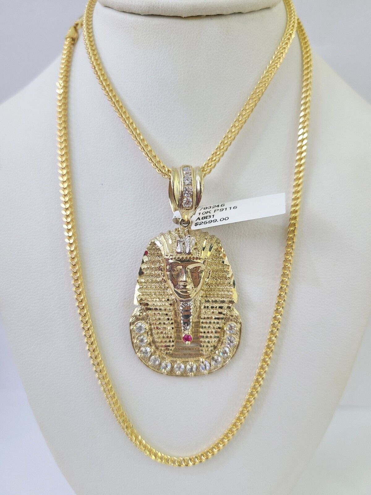 10K Franco Chain Pharaoh Head Pendant Charm Necklace 20" - 26" 2.5mm Yellow Gold - GoldenlinQ