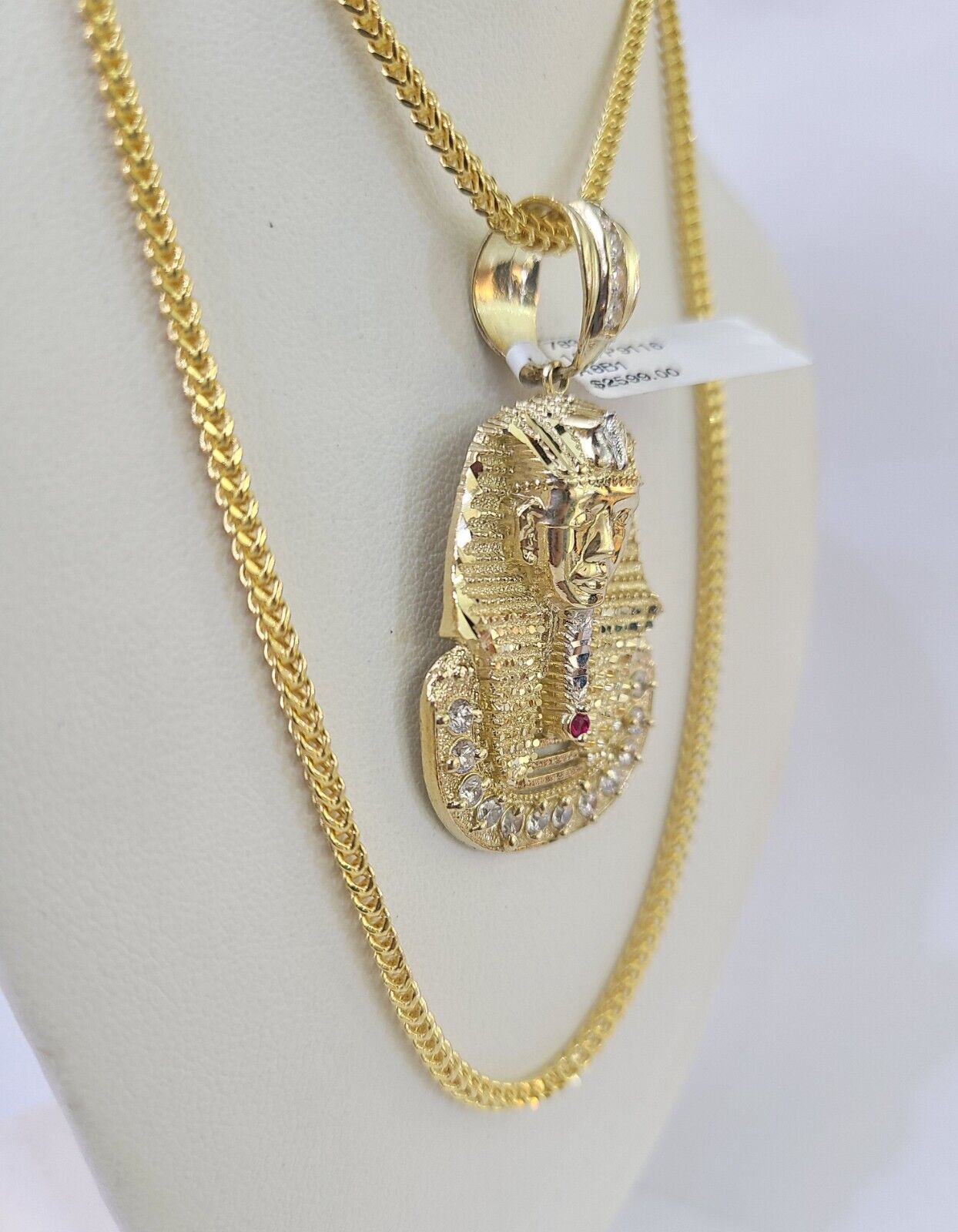 10K Franco Chain Pharaoh Head Pendant Charm Necklace 20" - 26" 2.5mm Yellow Gold - GoldenlinQ