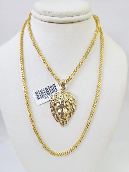 10K Franco Chain Roaring Lion Pendant Charm Necklace 20" - 26" 2.5mm Yellow Gold - GoldenlinQ