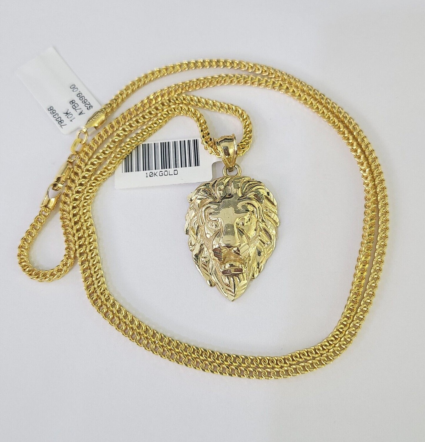 10K Franco Chain Roaring Lion Pendant Charm Necklace 20" - 26" 2.5mm Yellow Gold - GoldenlinQ