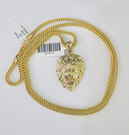 10K Franco Chain Roaring Lion Pendant Charm Necklace 20" - 26" 2.5mm Yellow Gold - GoldenlinQ