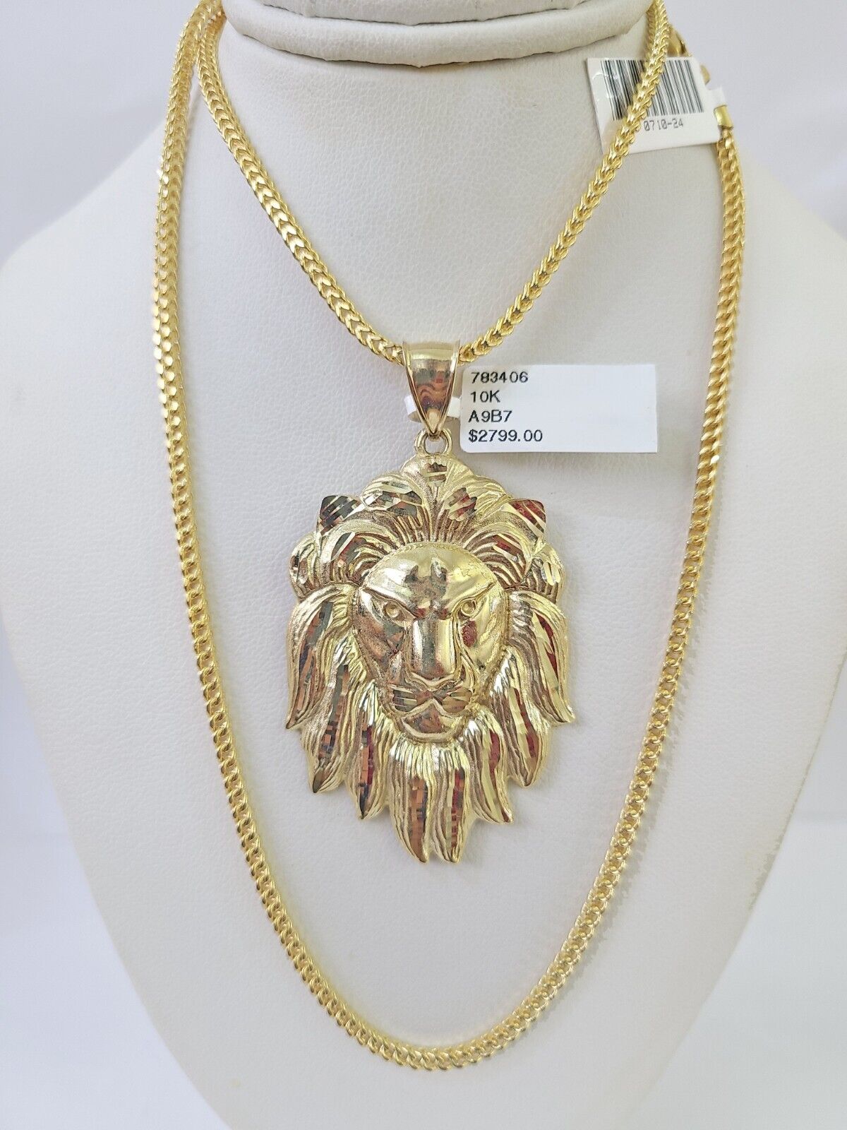 10K Franco Chain Roaring Lion Pendant Charm Necklace 20" - 26" 2.5mm Yellow Gold - GoldenlinQ