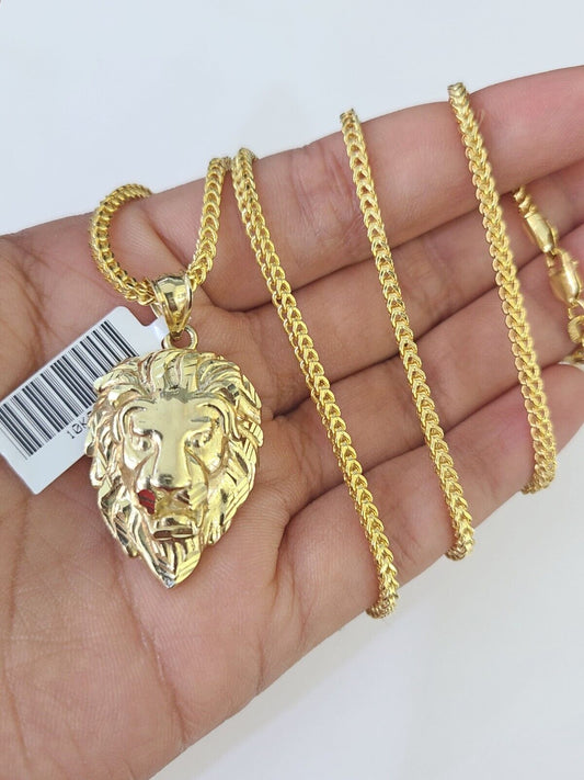 10K Franco Chain Roaring Lion Pendant Charm Necklace 20" - 26" 2.5mm Yellow Gold - GoldenlinQ