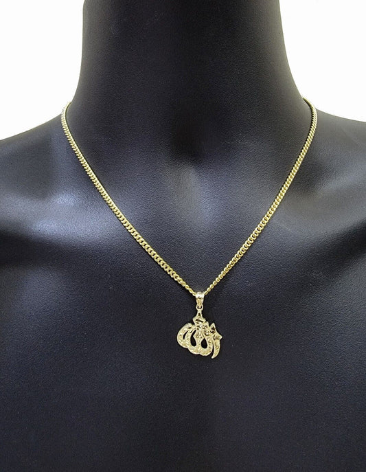 10k Gold Allah Charm Miami Cuban Chain 20" 3mm Necklace Pendant , REAL 10kt SET - Reva Jeweler