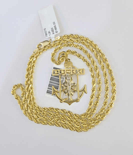 10k Gold Anchor Jesus Pendant Rope Chain 3mm 18'' Necklace Set Diamond Cut - Reva Jeweler