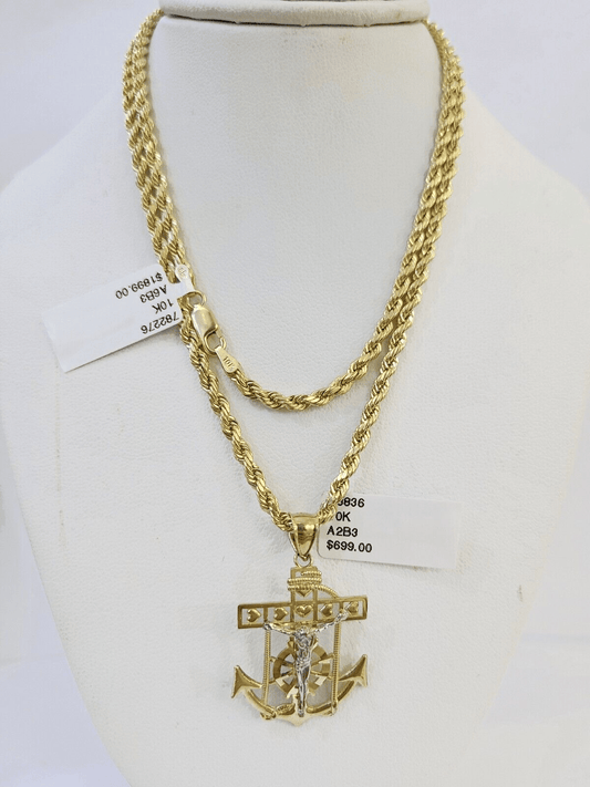 10k Gold Anchor Jesus Pendant Rope Chain 3mm 20'' Necklace Set Diamond Cut - Reva Jeweler