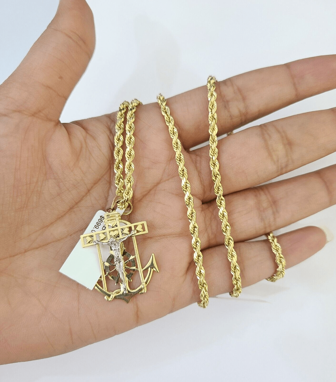 10k Gold Anchor Jesus Pendant Rope Chain 3mm 22'' Necklace Set Diamond Cut - Reva Jeweler