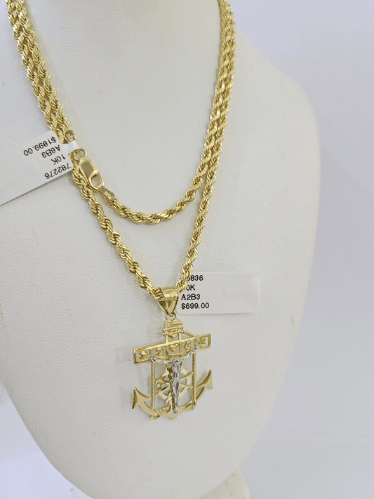 10k Gold Anchor Jesus Pendant Rope Chain 3mm 26'' Necklace Set Diamond Cut - Reva Jeweler