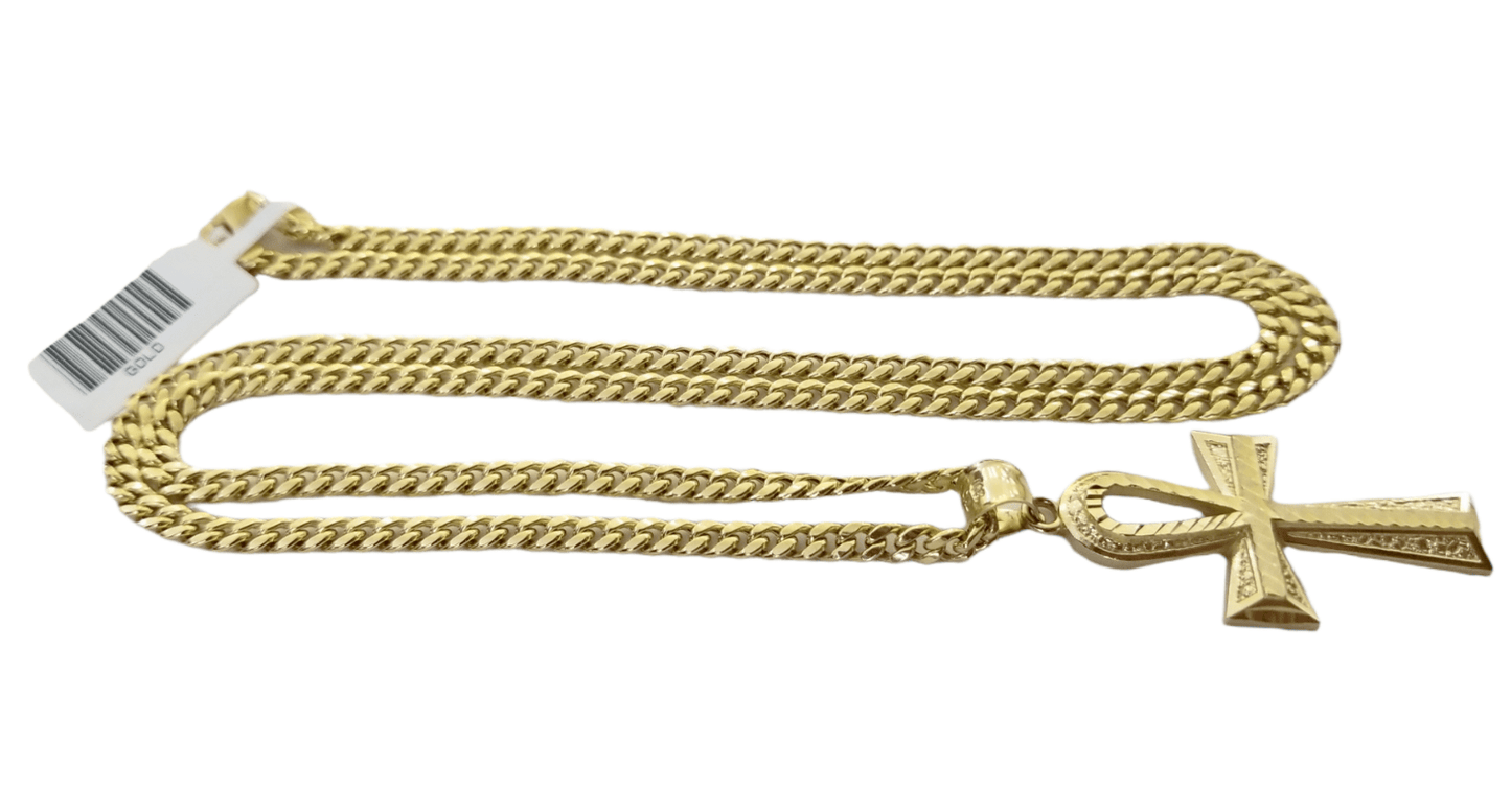 10K Gold Ankh Cross Egyptian Symbol Pendant Charm 4mm Cuban Link Chain 26" Inch - Reva Jeweler