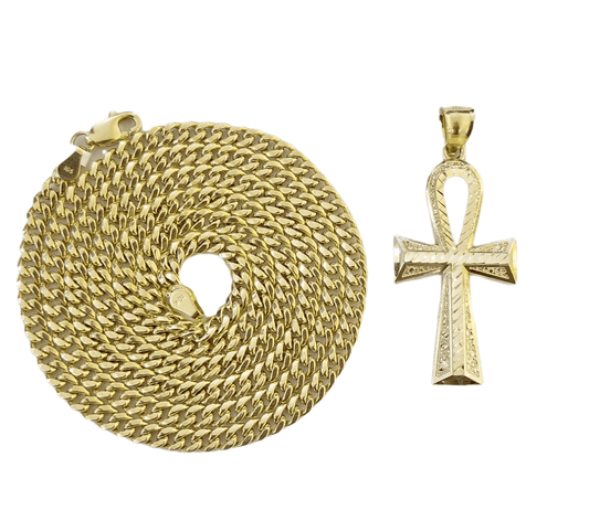 10K Gold Ankh Cross Egyptian Symbol Pendant Charm 4mm Cuban Link Chain 26" Inch - Reva Jeweler