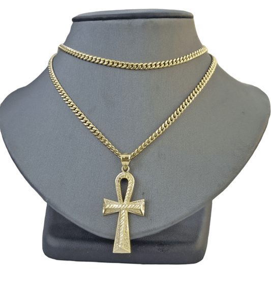 10K Gold Ankh Cross Egyptian Symbol Pendant Charm 4mm Cuban Link Chain 26" Inch - Reva Jeweler