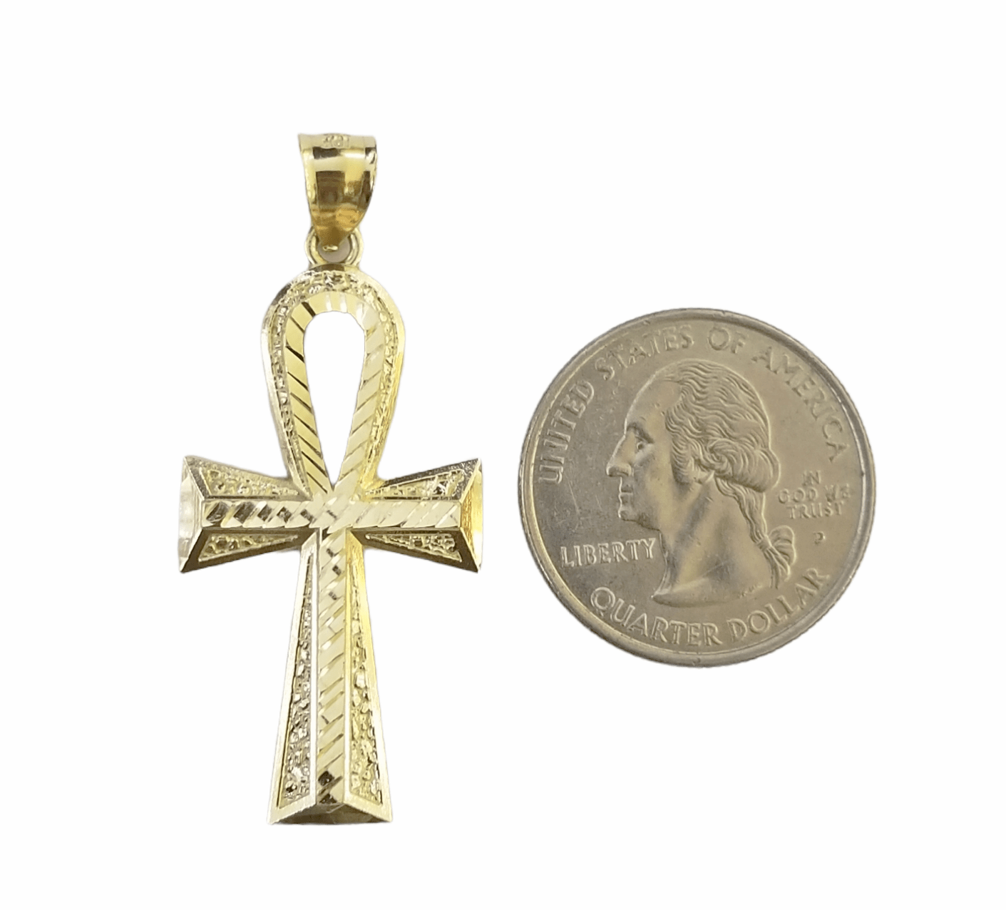 10K Gold Ankh Cross Egyptian Symbol Pendant Charm 4mm Cuban Link Chain 26" Inch - Reva Jeweler