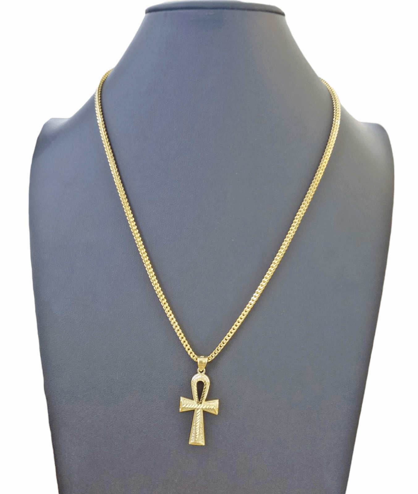 10K Gold Ankh Cross Egyptian Symbol Pendant Charm 4mm Franco Chain 22 Inch - Reva Jeweler